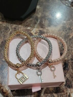 Tri-Tone Key & Lock Charm Bracelets — Gold, Silver, Rose Gold
